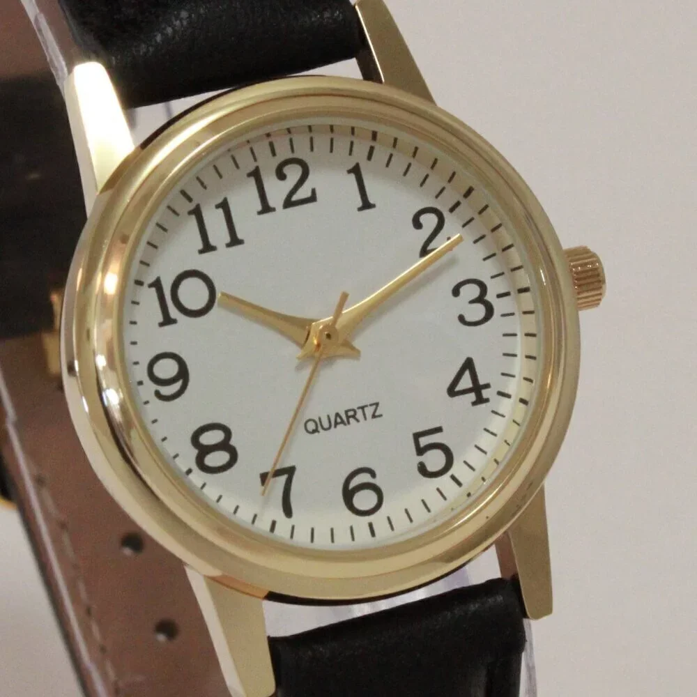 Ladies Easy Reader Dress Quartz Watch Gold-toned Black Strap White Dial 28mm